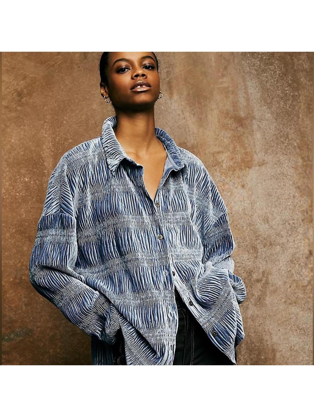 Free People My Best Top Button Down In Eventide Blue Small textured velvet
